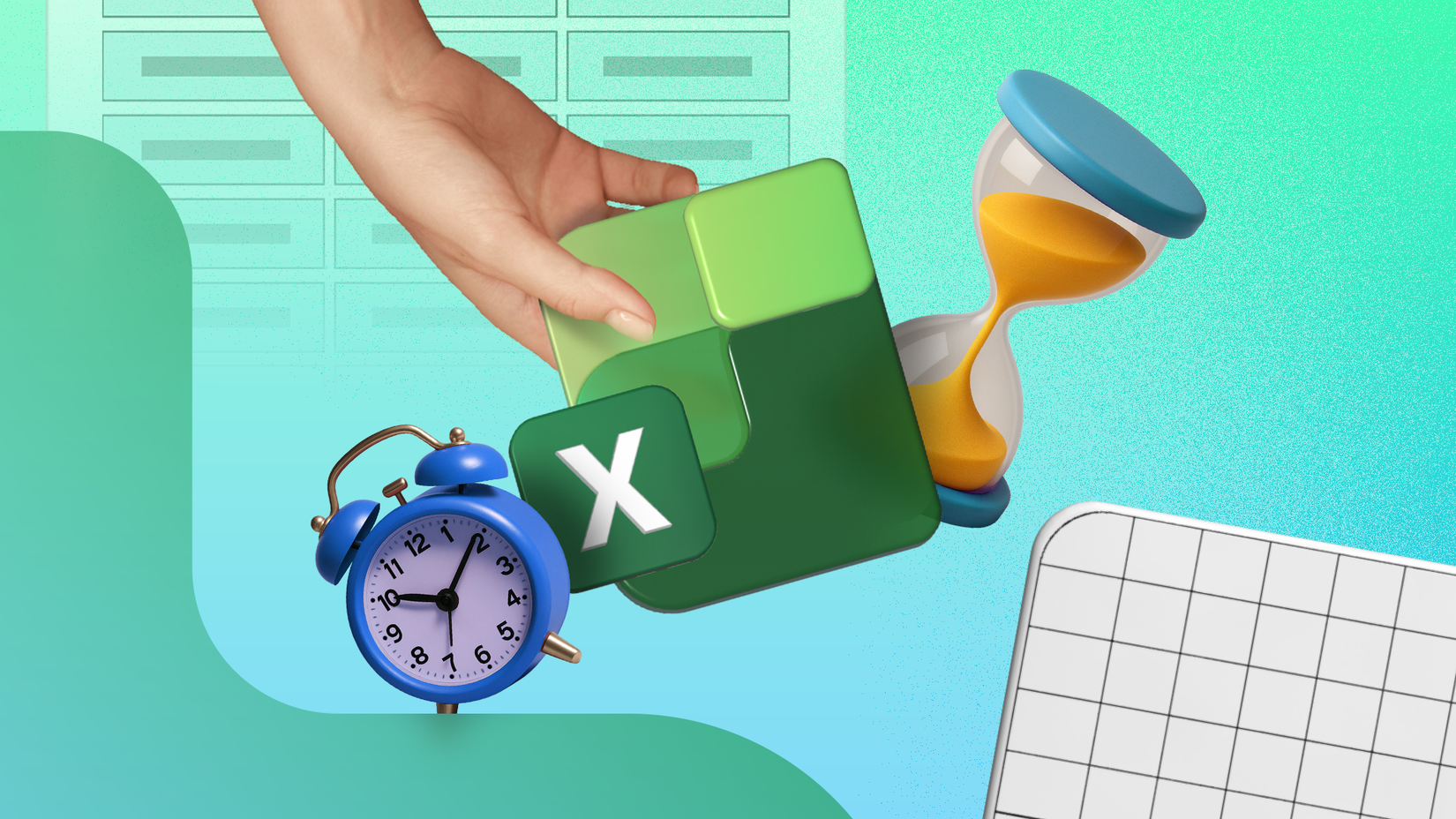 A hand holding a 3D Excel icon alongside an hourglass and a blue alarm clock, against a spreadsheet-themed background.