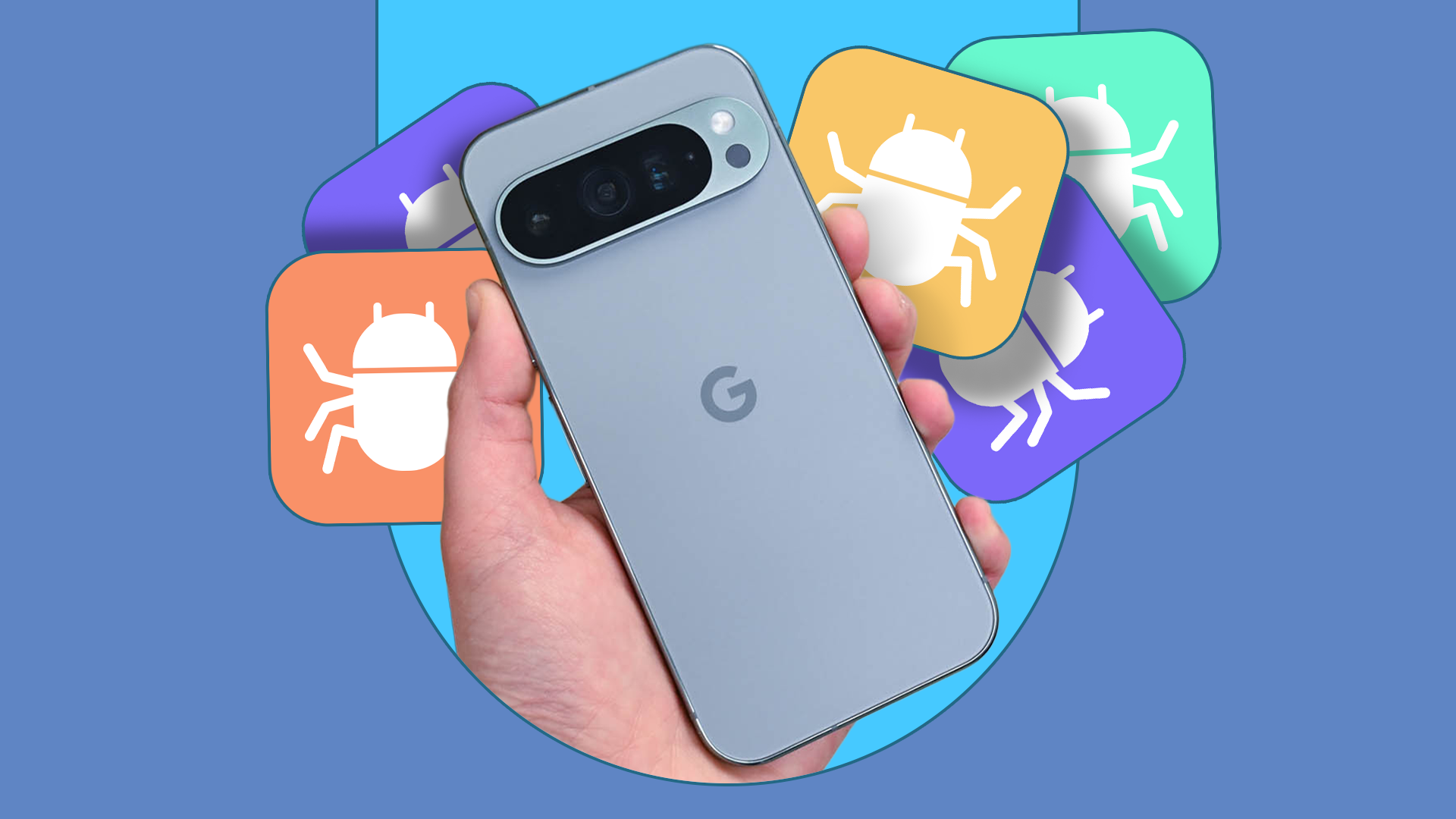 A hand holding a Google Pixel smartphone, backed by colorful bloatware app icons.
