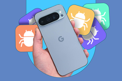 A hand holding a Google Pixel smartphone, backed by colorful bloatware app icons.