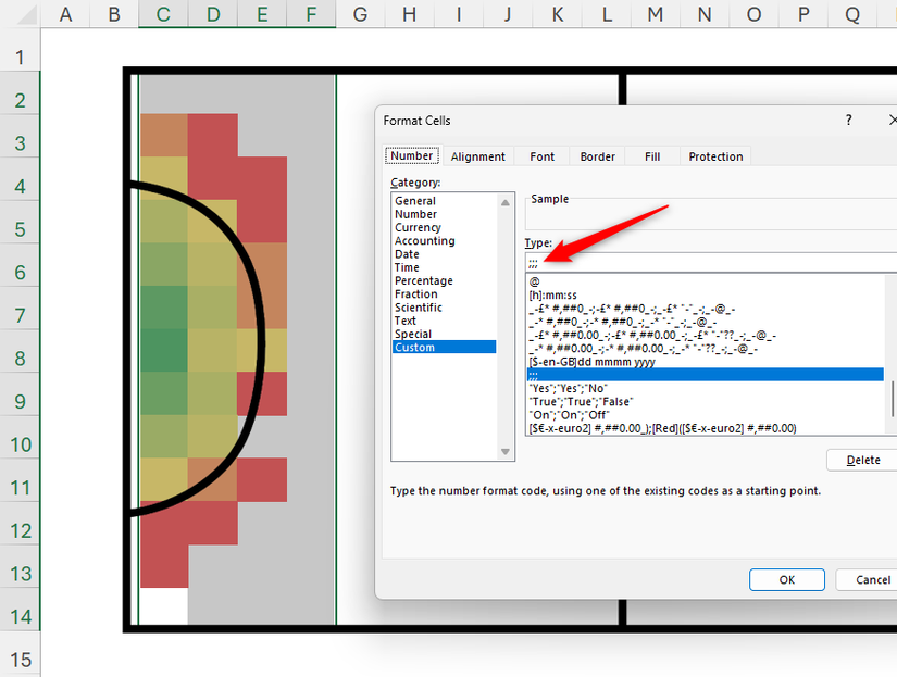 Hockey rink outline in Excel with conditional formatting and custom numeric formatting used to create a heat map.