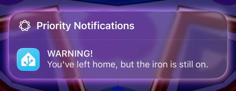 A Home Assistant notificiation on an iPhone warning that you've left home but the iron is still on.
