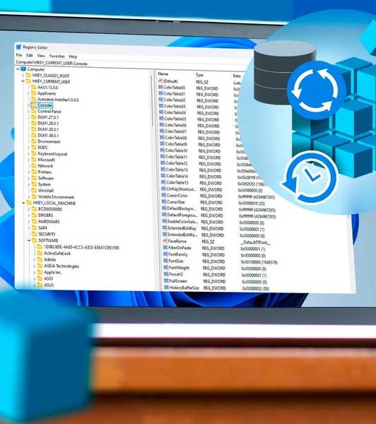 A laptop with the Windows Registry Editor open and a backup and restore icon.