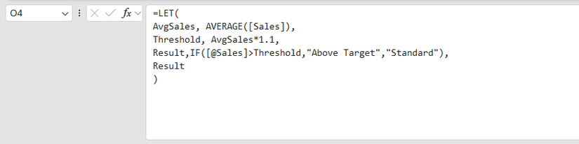 A LET formula divided into separate rows in Excel's formula bar.
