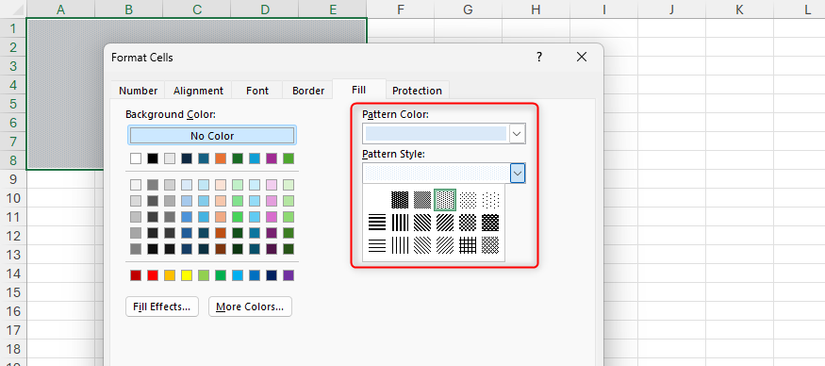 A light blue pattern is applied to the selected cells in the Excel worksheet.