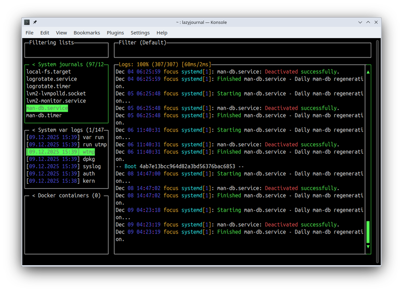 Um terminal Linux mostrando logs no lazyjournal.