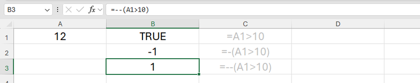 Una fórmula lógica en Excel devuelve 1 porque el operador doble-unario se coloca antes de la fórmula.
