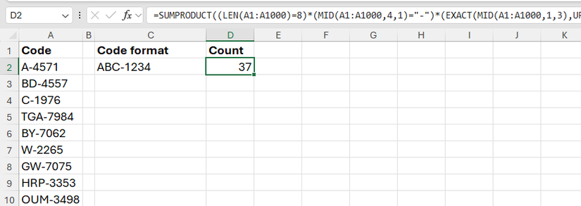 A long, complex formula that would need to be used in older versions of Excel to count the number of cells containing a specific string structure.