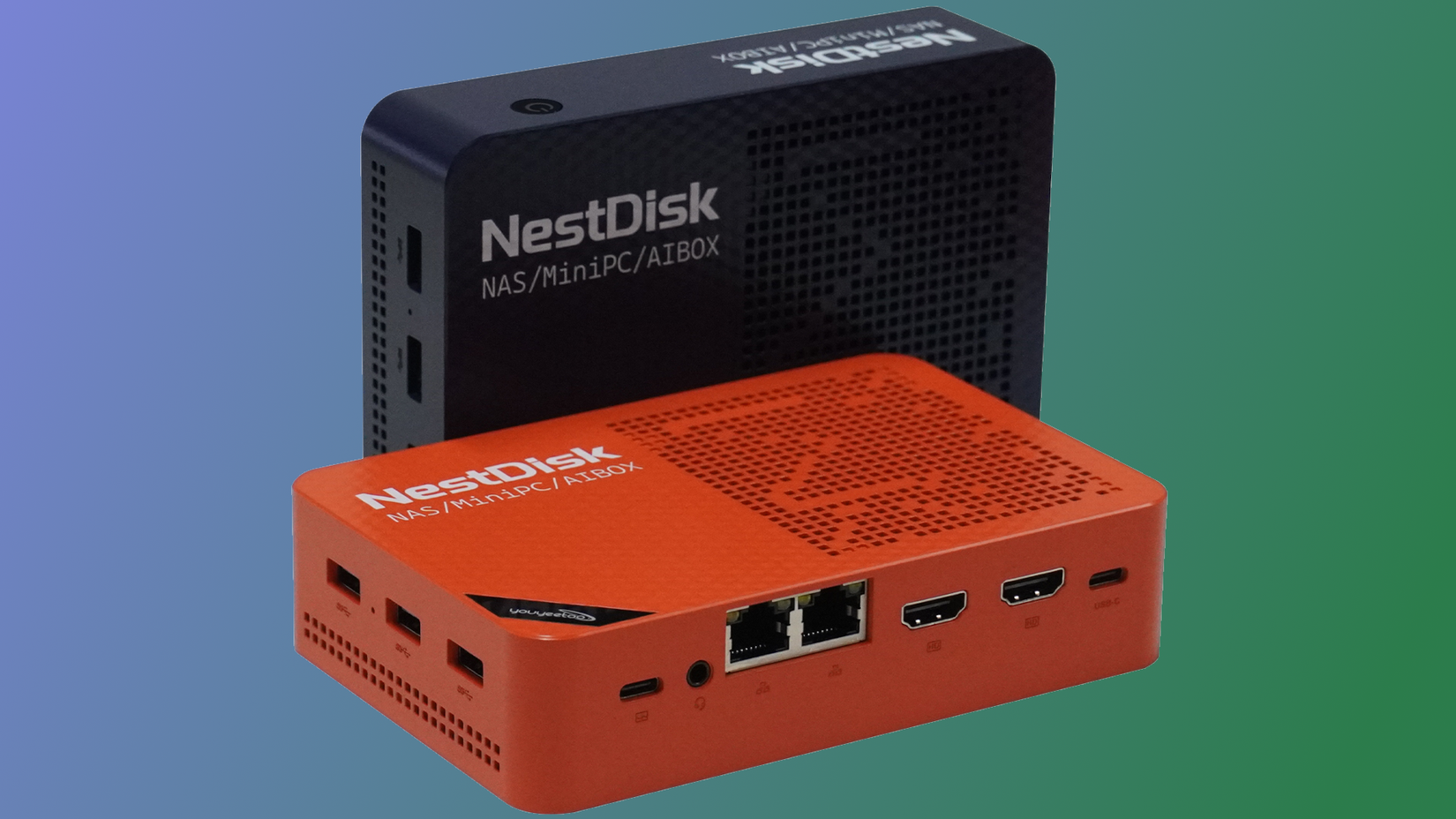 A mini PC on a blue and green background-2