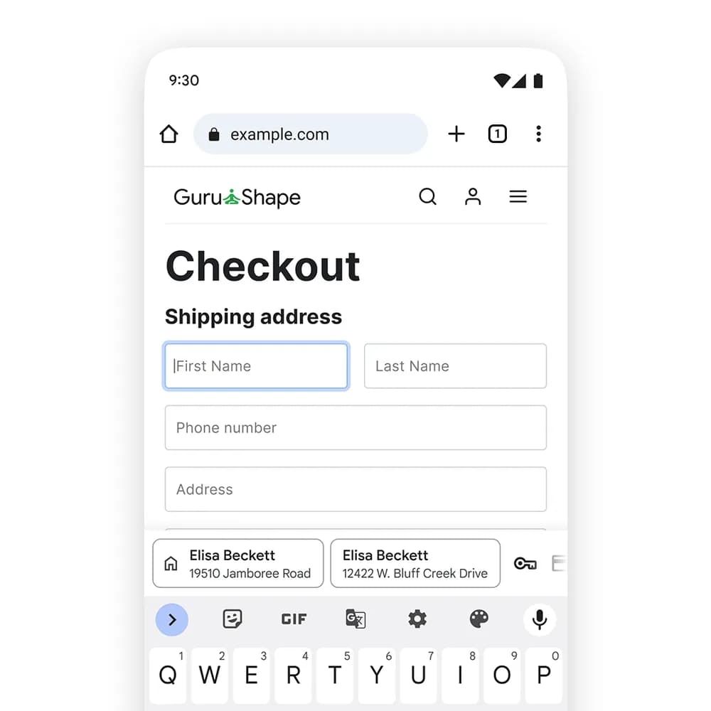 A mobile view showing an e-commerce checkout page with shipping address fields and a keyboard.