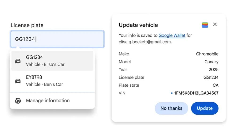 A mobile view showing Google Wallet vehicle information management and update screens.