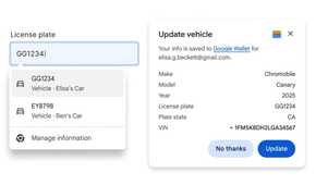 A mobile view showing Google Wallet vehicle information management and update screens.