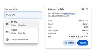 A mobile view showing Google Wallet vehicle information management and update screens.