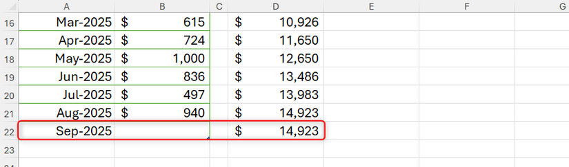 A new row is added to the bottom of a table in Excel, and a corresponding SCAN fill updates accordingly.