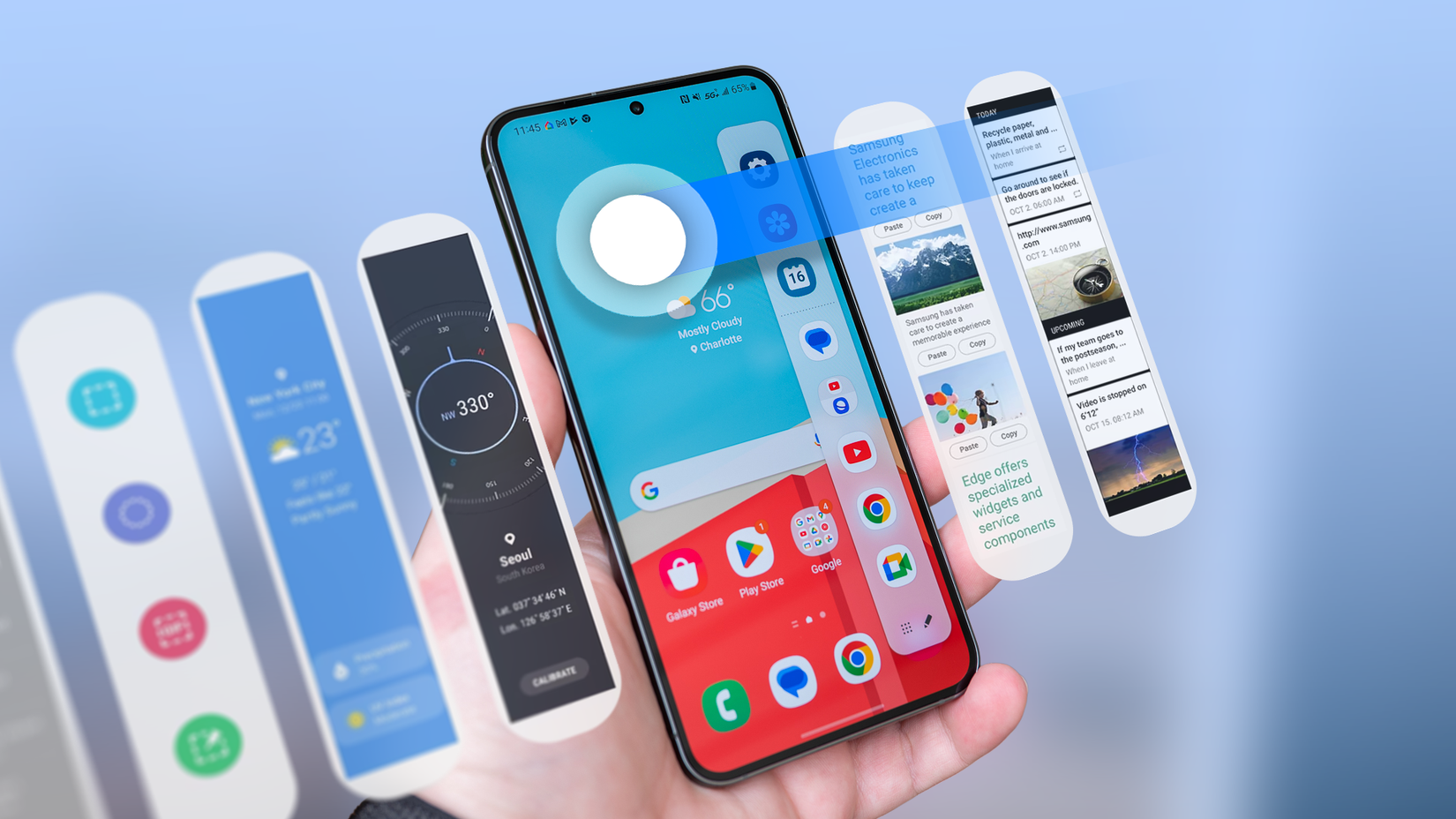 A person holding a Samsung smartphone with multiple floating edge panels around the screen, displaying widgets, tools and app shortcuts.