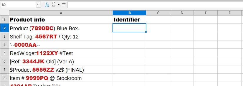 A product information list in column A of a Calc spreadsheet, with the four-digit-two-letter identifiers in each formatted red.