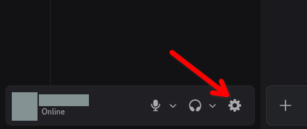 Uma seta vermelha apontando para o ícone de roda dentada que representa o botão de configurações no Discord.