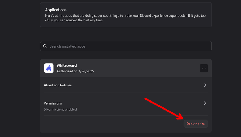 Uma seta vermelha apontando para o botão de desautorização em um aplicativo Discord.