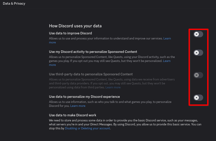 Uma caixa vermelha ao redor dos dados e da privacidade alterna no Discord.