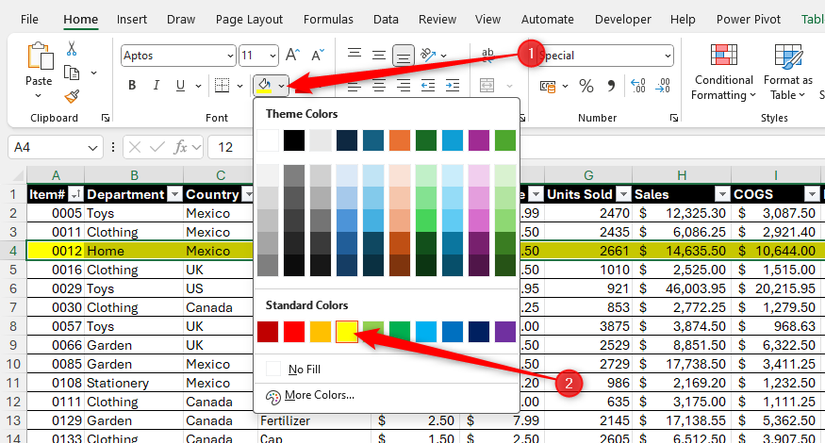 В строчке таблицы Excel вручную установлена жёлтая заливка.