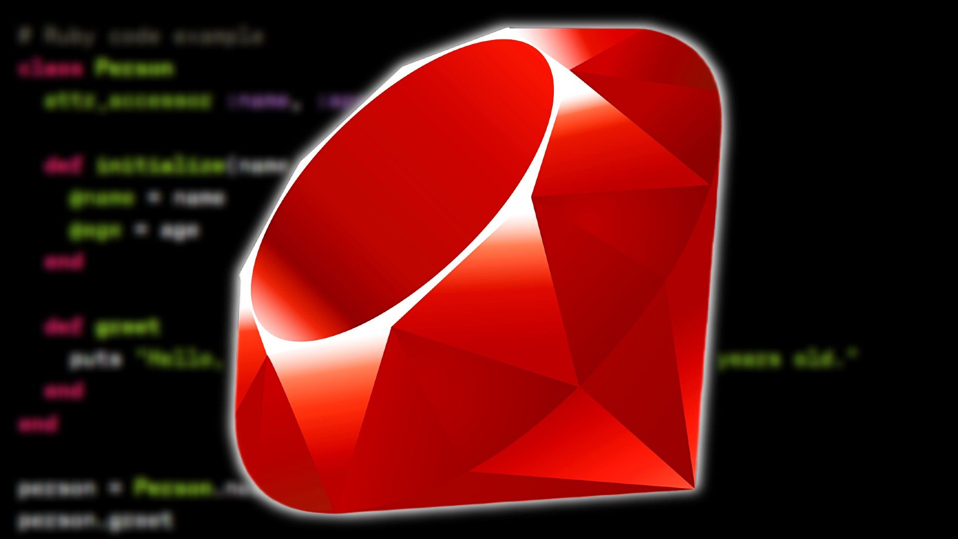 A Ruby logo over a code example, which has been blurred