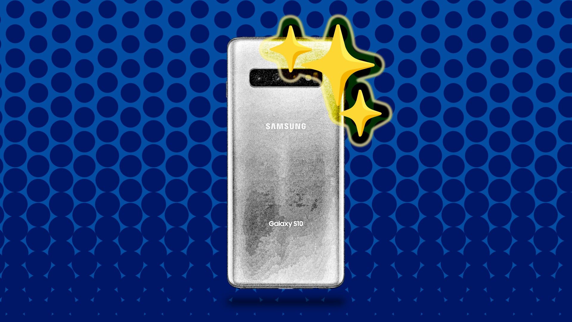 A Samsung Galaxy S10 turned upside down on a blue background.