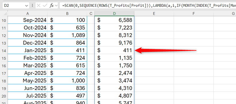 A SCAN formula in Excel that restarts a running total when a new year begins in a table.