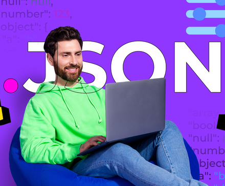A smiling man using a laptop, set against a purple background with large '.JSON' text, curly braces, and code snippets.