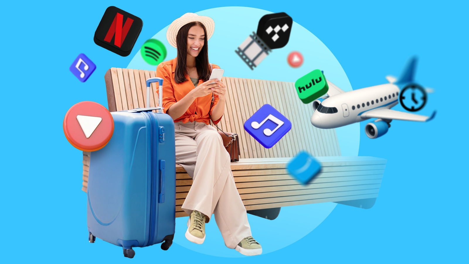 A smiling woman sits on a bench with a blue suitcase, looking at her phone, surrounded by media icons, streaming services logos, and an airplane.