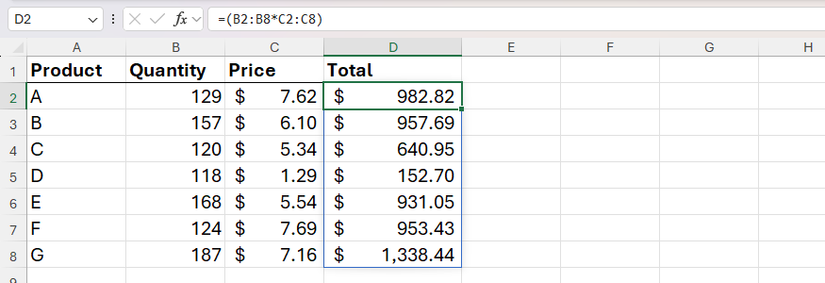 A spilled array in Excel that multiplies values in column B by values in column C.