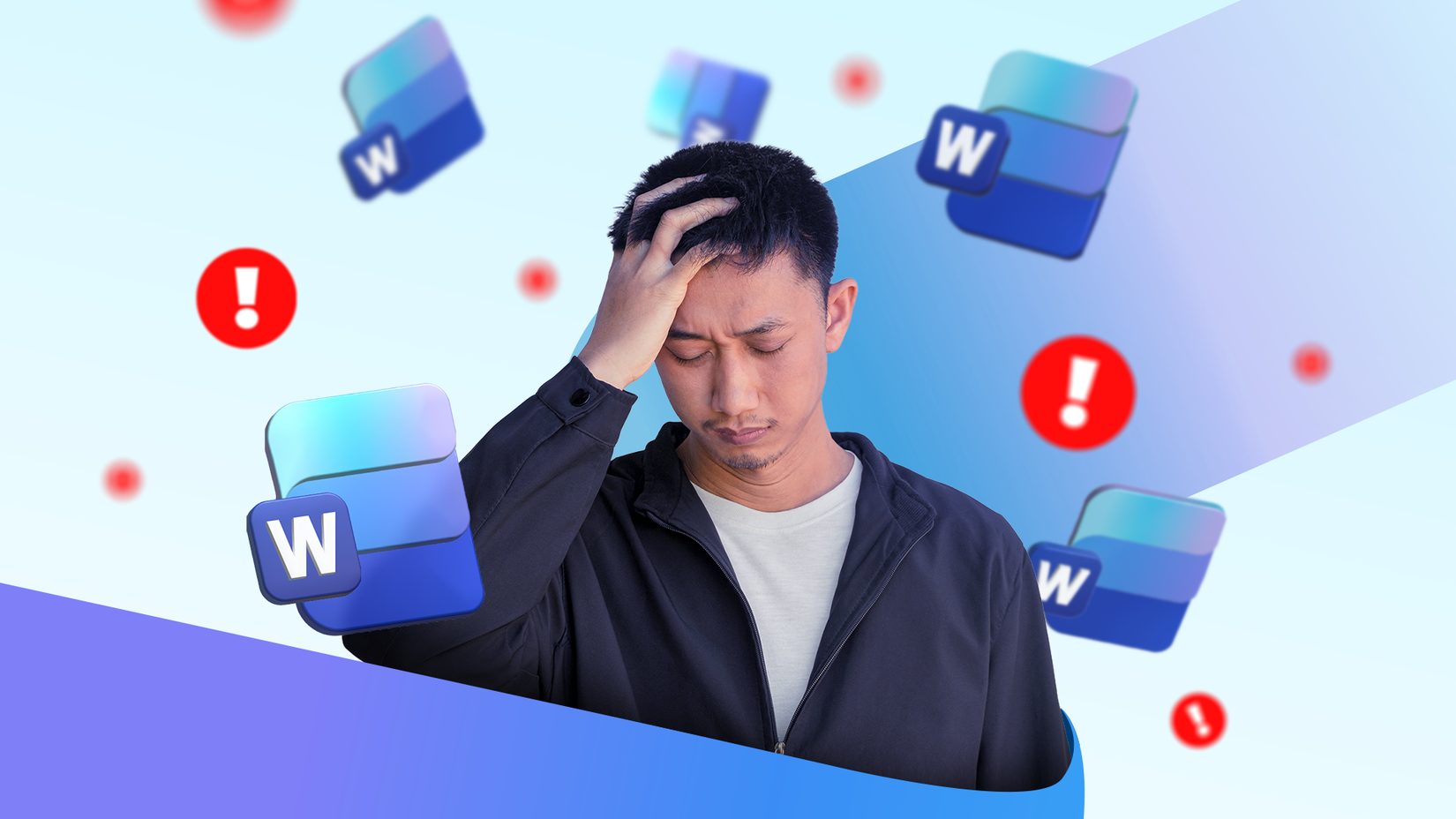 A stressed man surrounded by floating Microsoft Word icons and red exclamation marks.