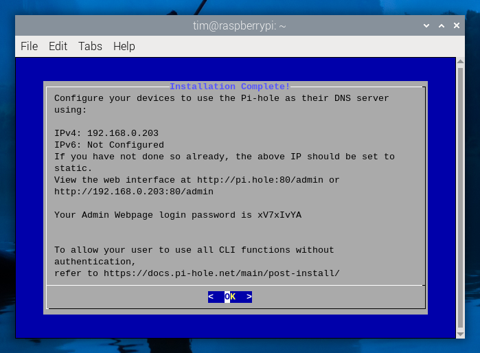 A success message when Pi-hole installation is complete.