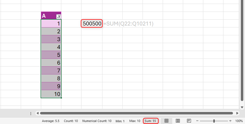 A SUM formula in Excel summing rows in a table that are filtered out, with the status bar sum showing only the sum of the visible values.