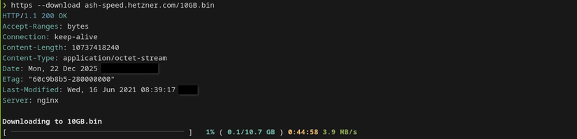 Uma janela de terminal exibe HTTPie baixando um arquivo, mostrando cabeçalhos HTTP e uma barra de progresso.