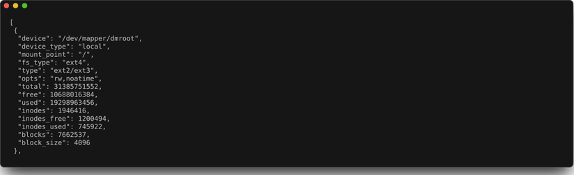 Uma janela de terminal exibe a saída JSON do duf, mostrando informações do disco em formato estruturado.