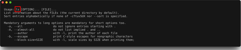 Uma janela de terminal exibe a saída do comando ls. Ele destaca que o nome do comando está visível no menu de ajuda.-1