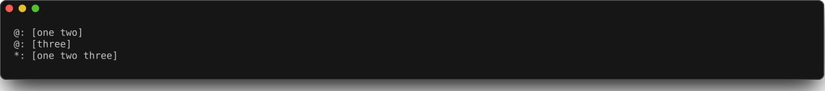 Uma janela de terminal exibe os resultados das variáveis ​​especiais 'at' e 'star'. A variável ‘at’ tem seu conteúdo impresso em múltiplas linhas, e a variável ‘star’ em uma única linha.