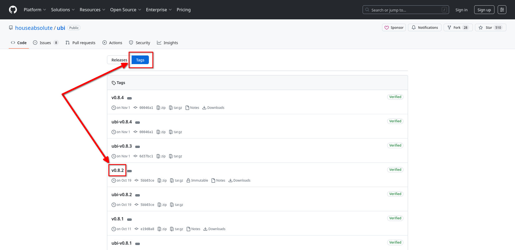 A web browser displays a page with a list of versioned releases for lazydocker. Two annotated arrows point to a specific build version number and a button that indicates the tag view is active.