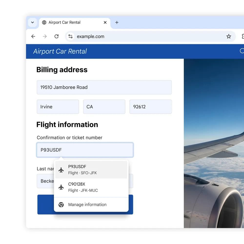 A web interface on a browser showing car rental booking and flight information.