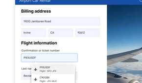 A web interface on a browser showing car rental booking and flight information.