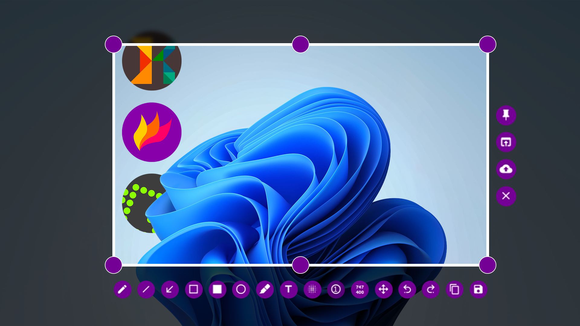 Um plano de fundo da área de trabalho do Windows 11 com uma ferramenta de captura de tela sobreposta com um retângulo de seleção e ícones Ksnip, Flameshot e Greenshot à esquerda.