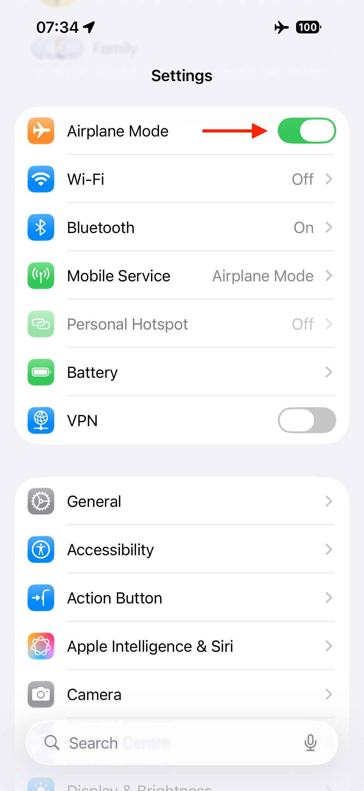 Airplane Mode turned on on an iPhone.