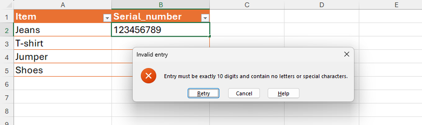 An Excel data validation alert that informs the user that they have entered an invalid serial number.