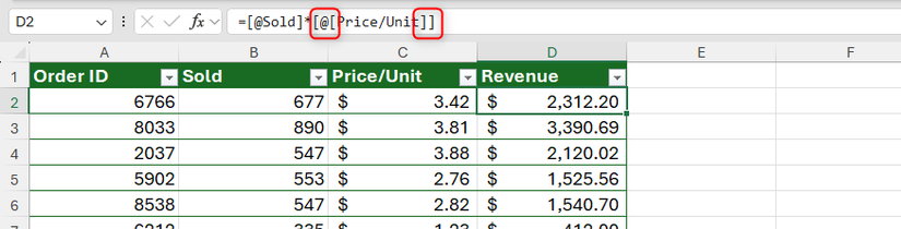 Image 21: Một công thức Excel chứa tham chiếu có cấu trúc và dấu ngoặc kép do chèn ký tự đặc biệt.