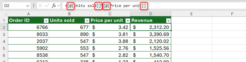 Image 20: Một công thức Excel chứa tham chiếu có cấu trúc và dấu ngoặc kép.