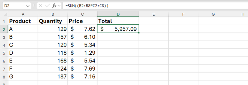 An Excel formula that multiplies values in column B by values in column C, wrapped inside SUM to produce a single result.
