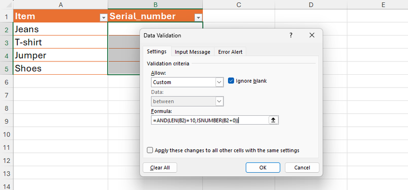 An Excel formula using AND, LEN, and ISNUMBER entered in the Formula field of the Data Validation dialog box.