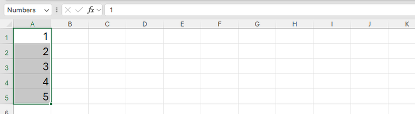 Un rango de Excel (A1 a A5) renombrado como 