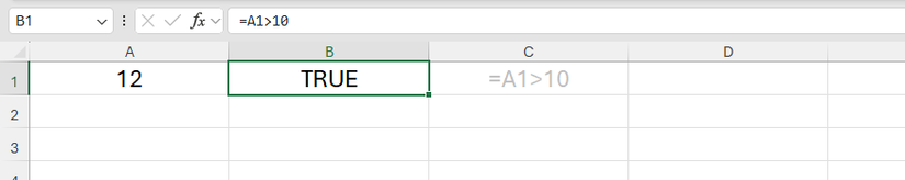 Una hoja de cálculo de Excel con 12 en la celda A1 y una fórmula de evaluación simple 