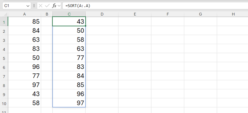 An Excel spreadsheet with random numbers in column A and the SORT function used in column C to sort the random numbers.