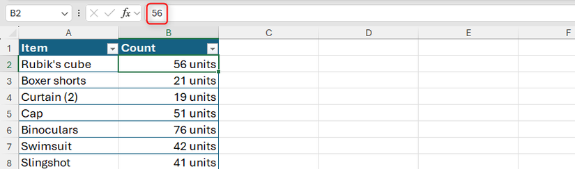 В таблице Excel после числа отображается ‘шт.’, в строке формул — только чистое число.